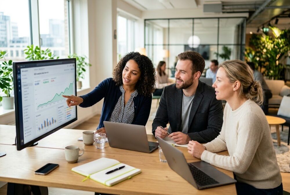 Equipo de marketing trabajando una estrategia de SEO, GEO y AEO